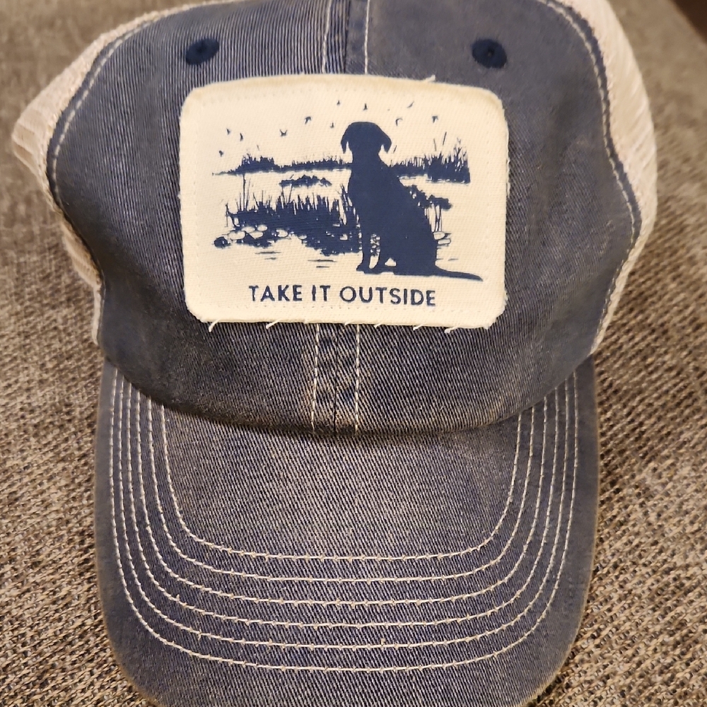 Life Is Good NWOT Take It Outside With Dog Trucker Hat, Blue & Tan